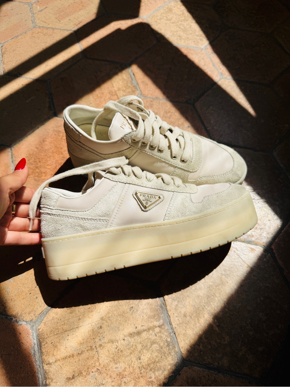 Downtown Prada Cream Suede & Leather Platform Sneakers